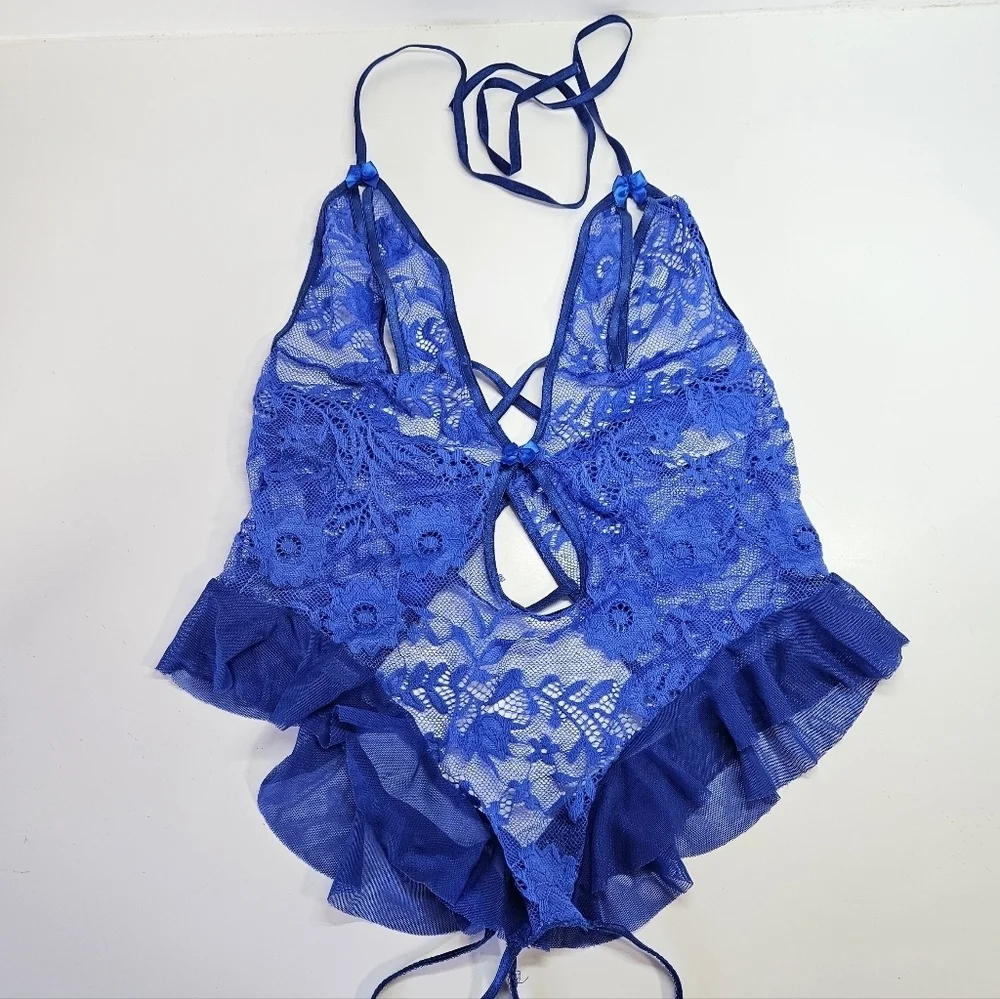NEW Escante Sexy Allover Lace Ruffles Peek-a-boo Cup Teddy Royal Blue One Size